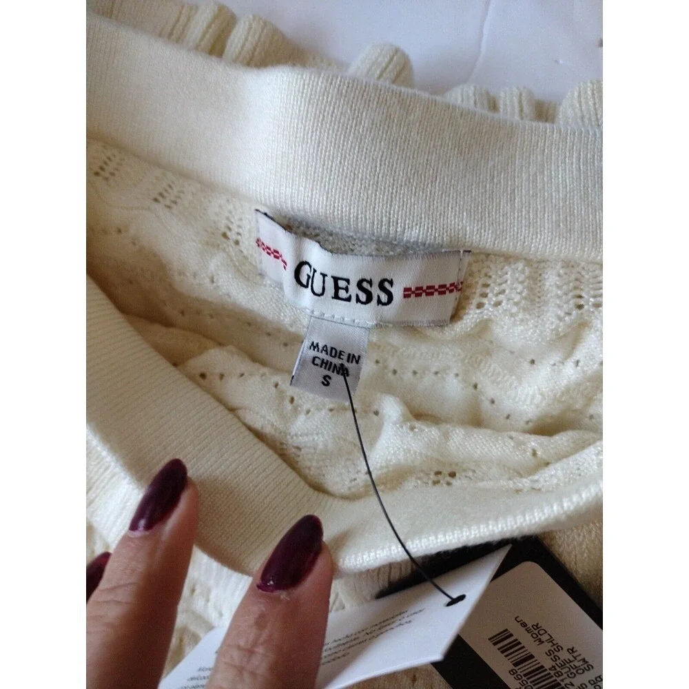 Guess Blouse Women's‎ Small Knit Nola Beige Pointelle Off the Shoulder Sweater - Picture 6 of 10